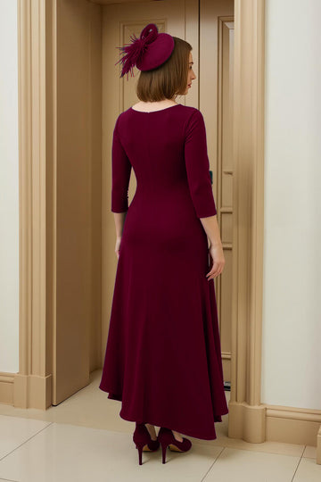 Burgundy A Line Round Neck High-Low Mother of the Bride Dress